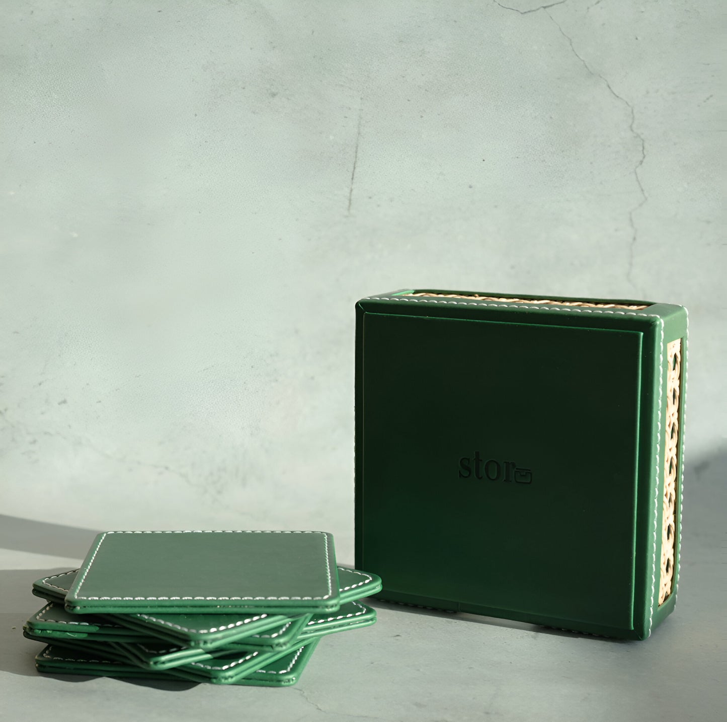 Emerald Green PU Leather & Rattan Coasters - Set of 6