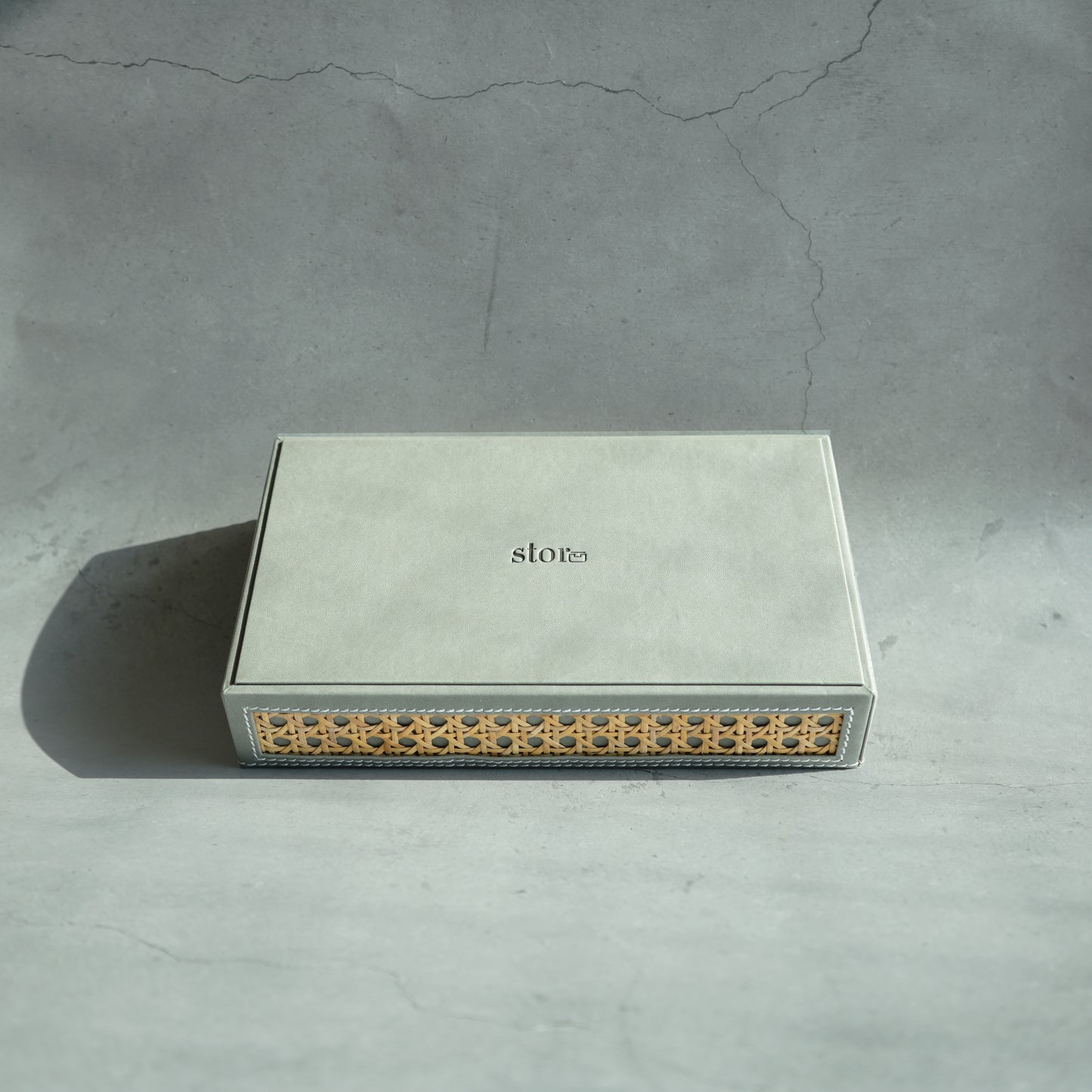 Stone Gray PU Leather & Rattan Serving Tray - Small