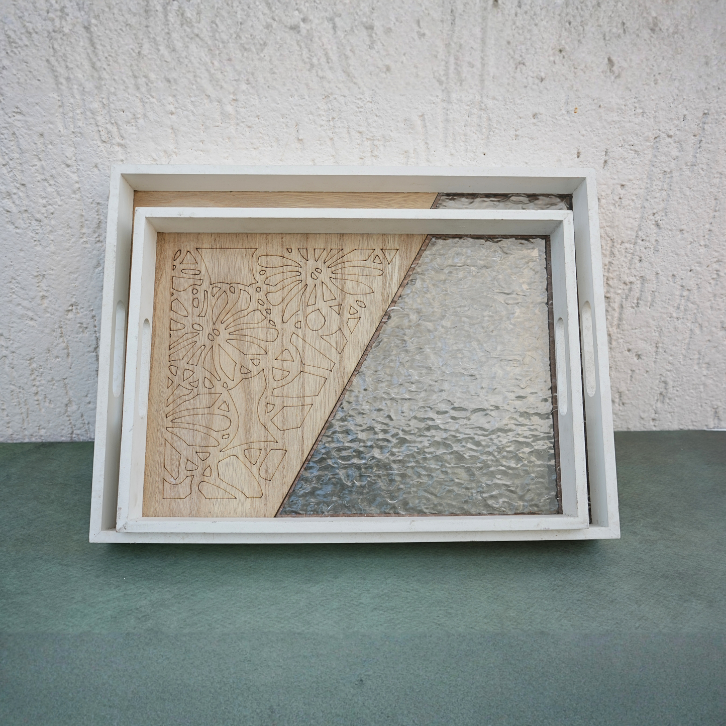 Textured Oak Wooden Serving Tray- Set of 2