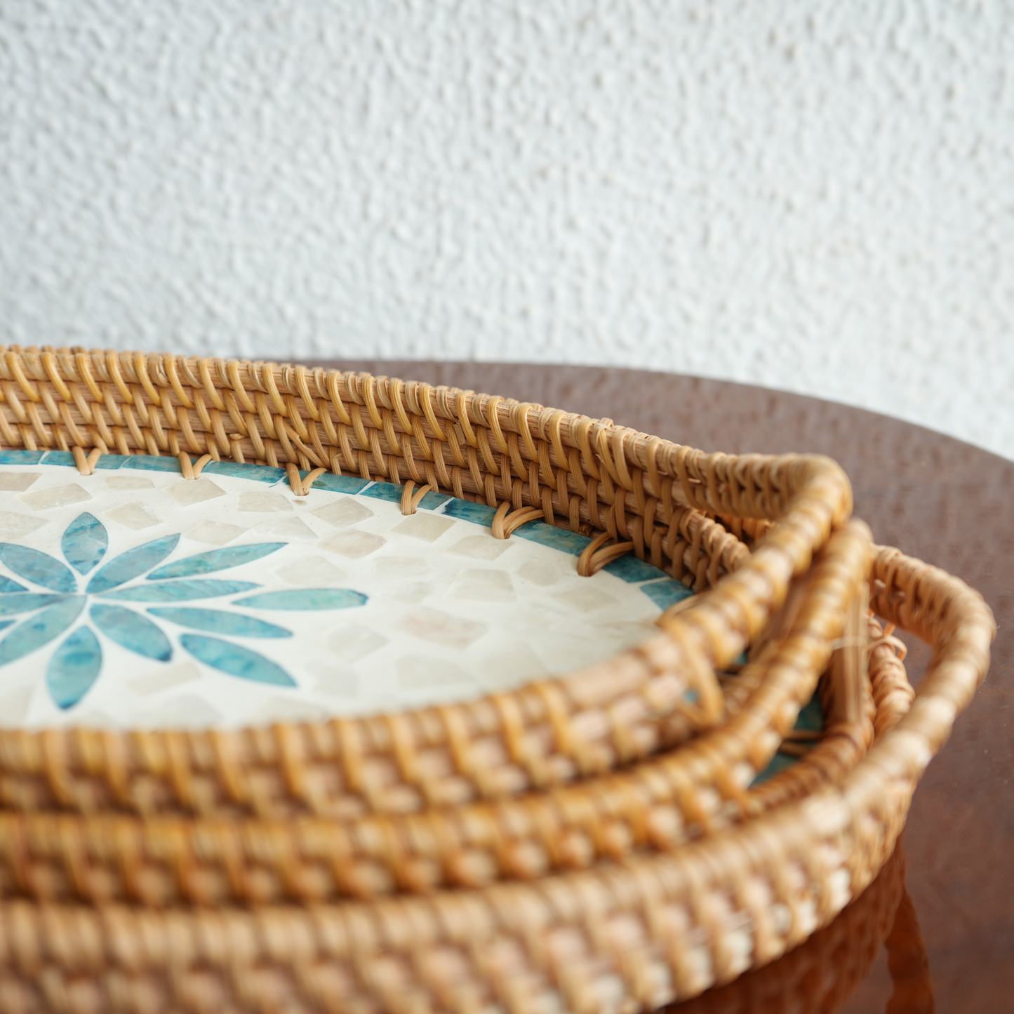 Small Oval Mother-of-Pearl & Cane Serving Tray- Aqua
