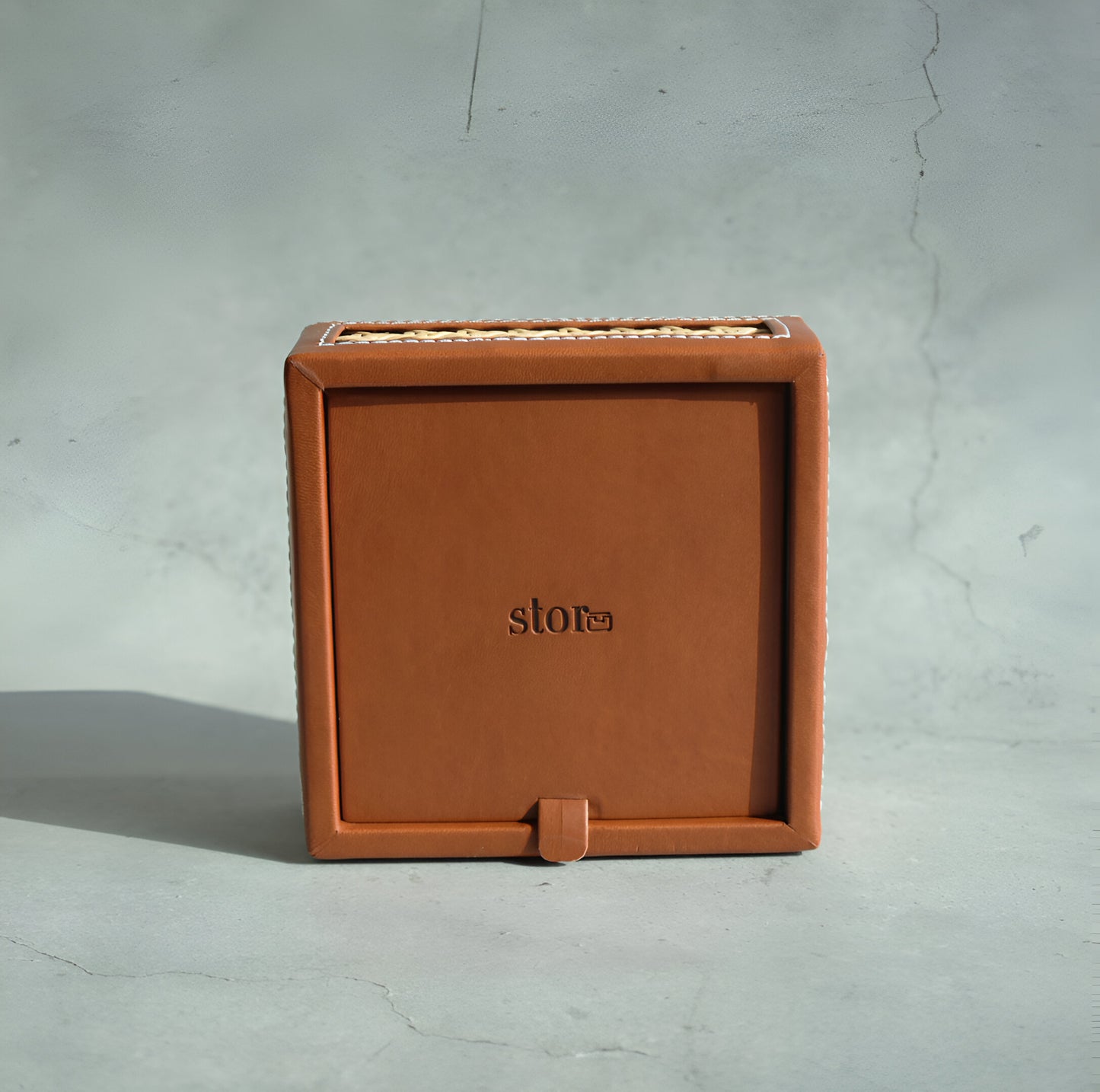 Tan Brown PU Leather & Rattan Tissue Box - Square