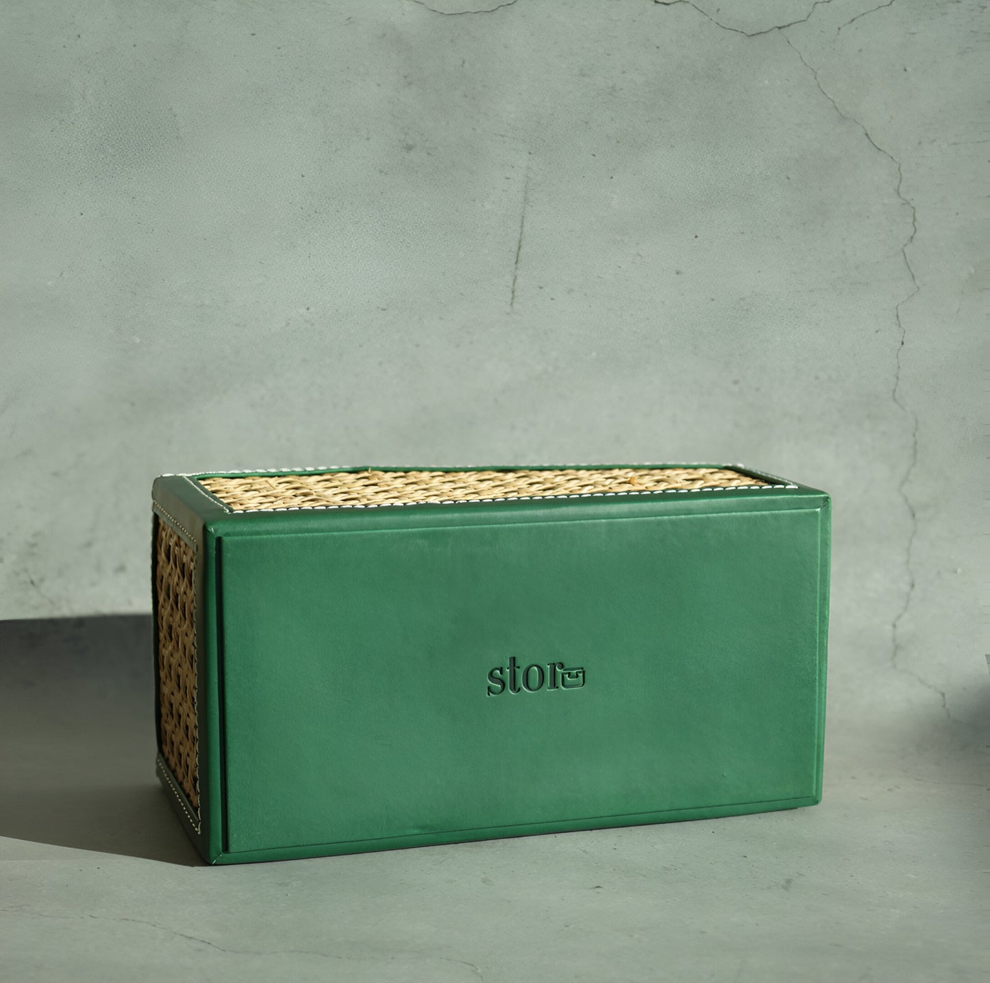 Emerald Green PU Leather & Rattan Remote Control Organiser