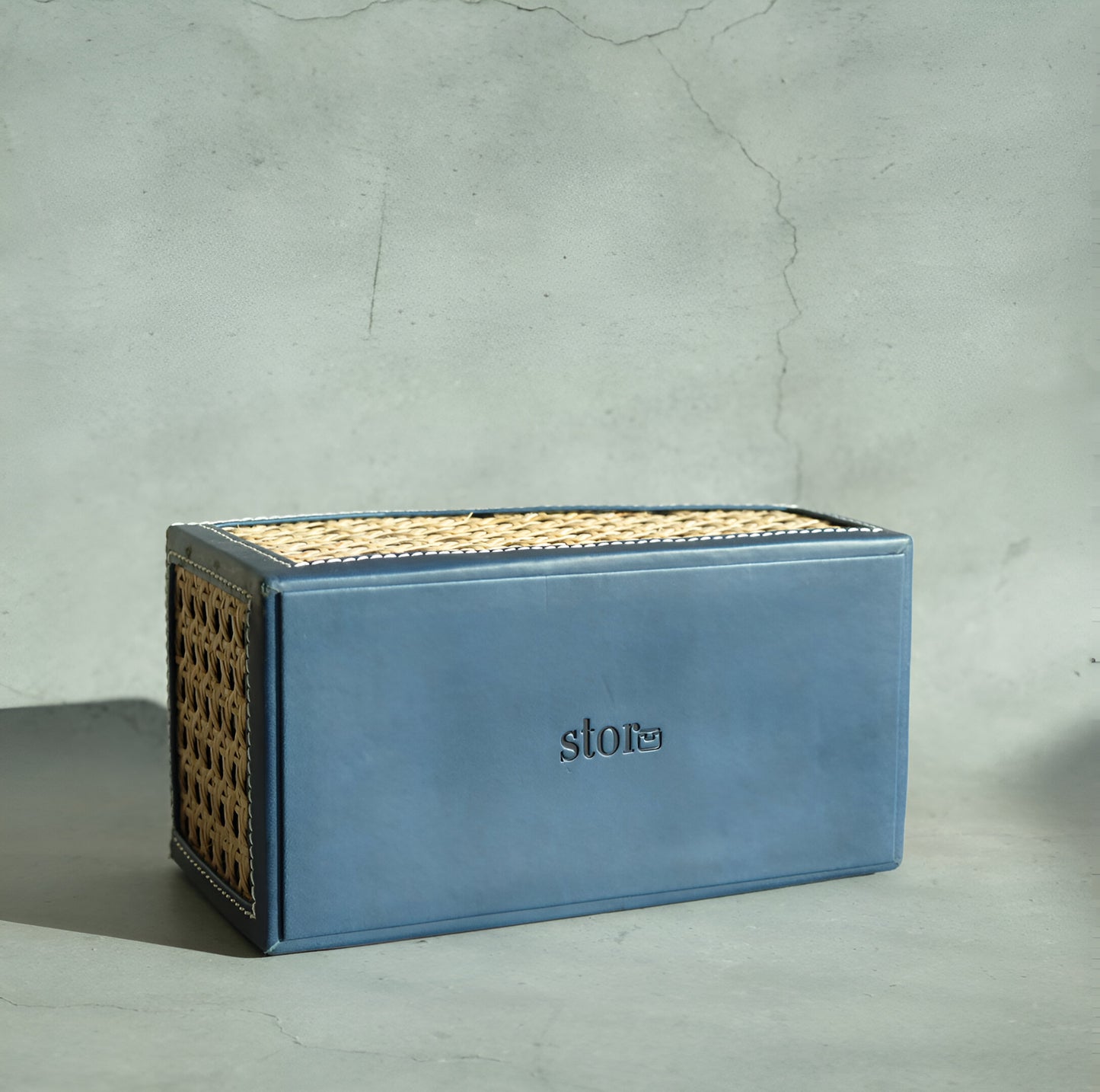 Steel Blue PU Leather & Rattan Remote Control Organiser