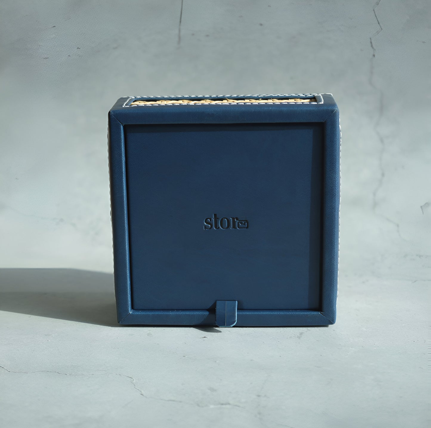 Steel Blue PU Leather & Rattan Tissue Box - Square