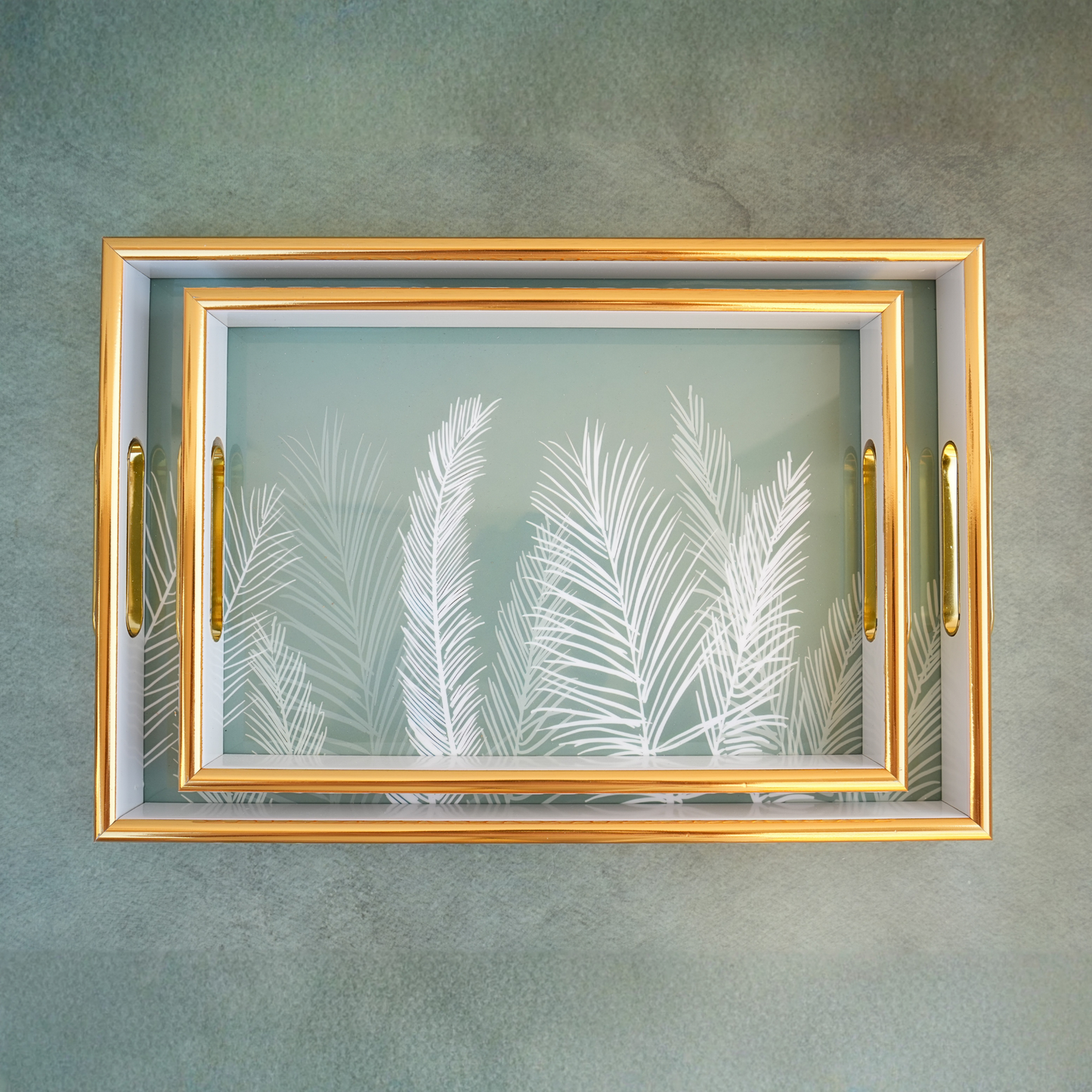 Sage Palm Leaves Enamel-Coated Wooden Serving Tray- Set of 2