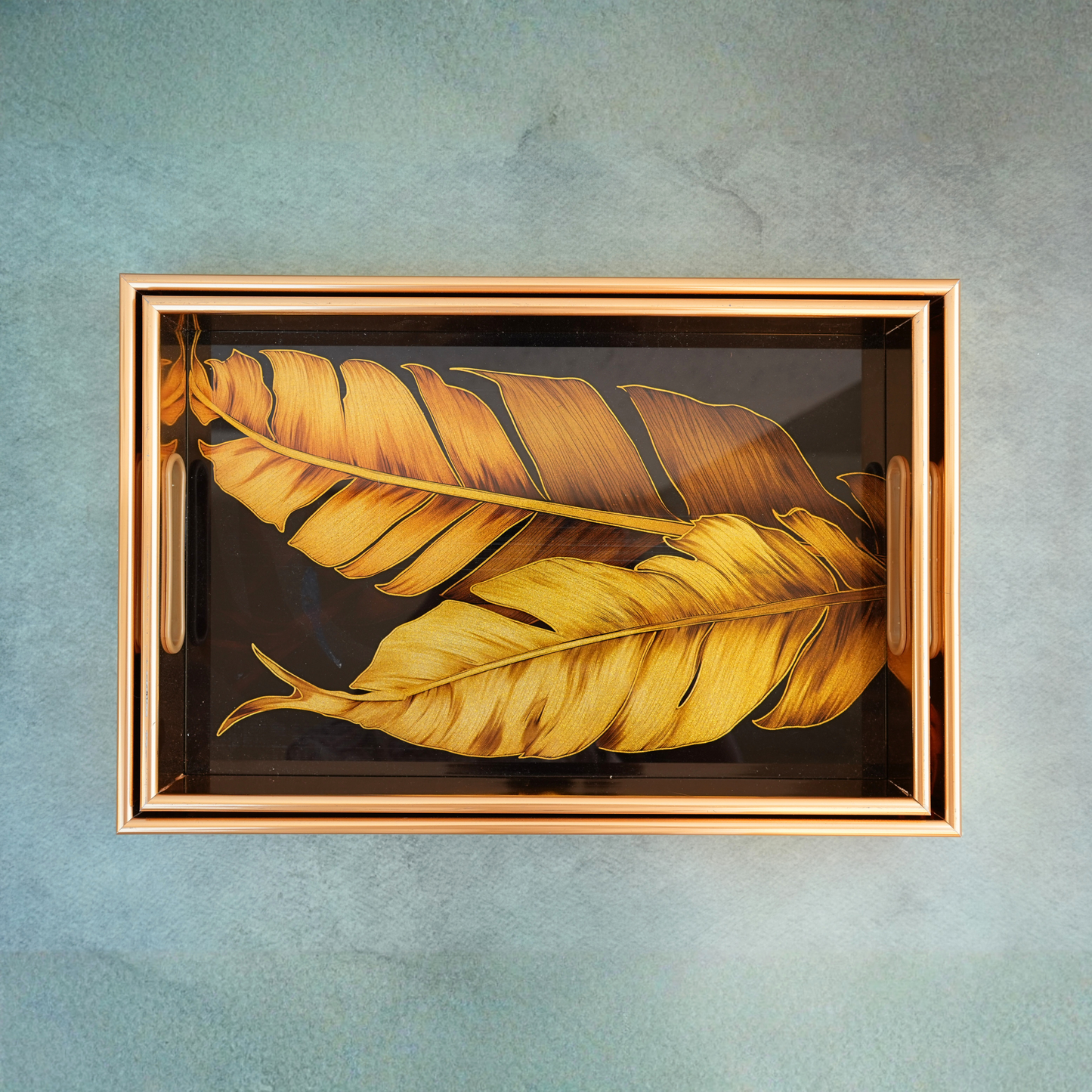 Golden Fleur Enamel-Coated Wooden Serving Tray- Set of 2