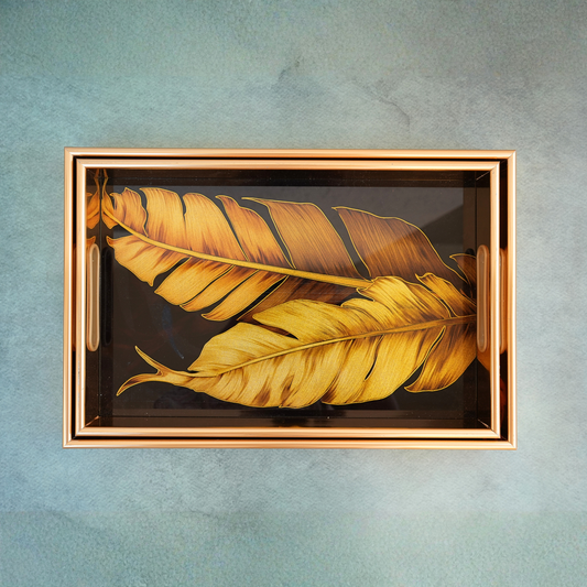 Golden Fleur Enamel-Coated Wooden Serving Tray- Set of 2