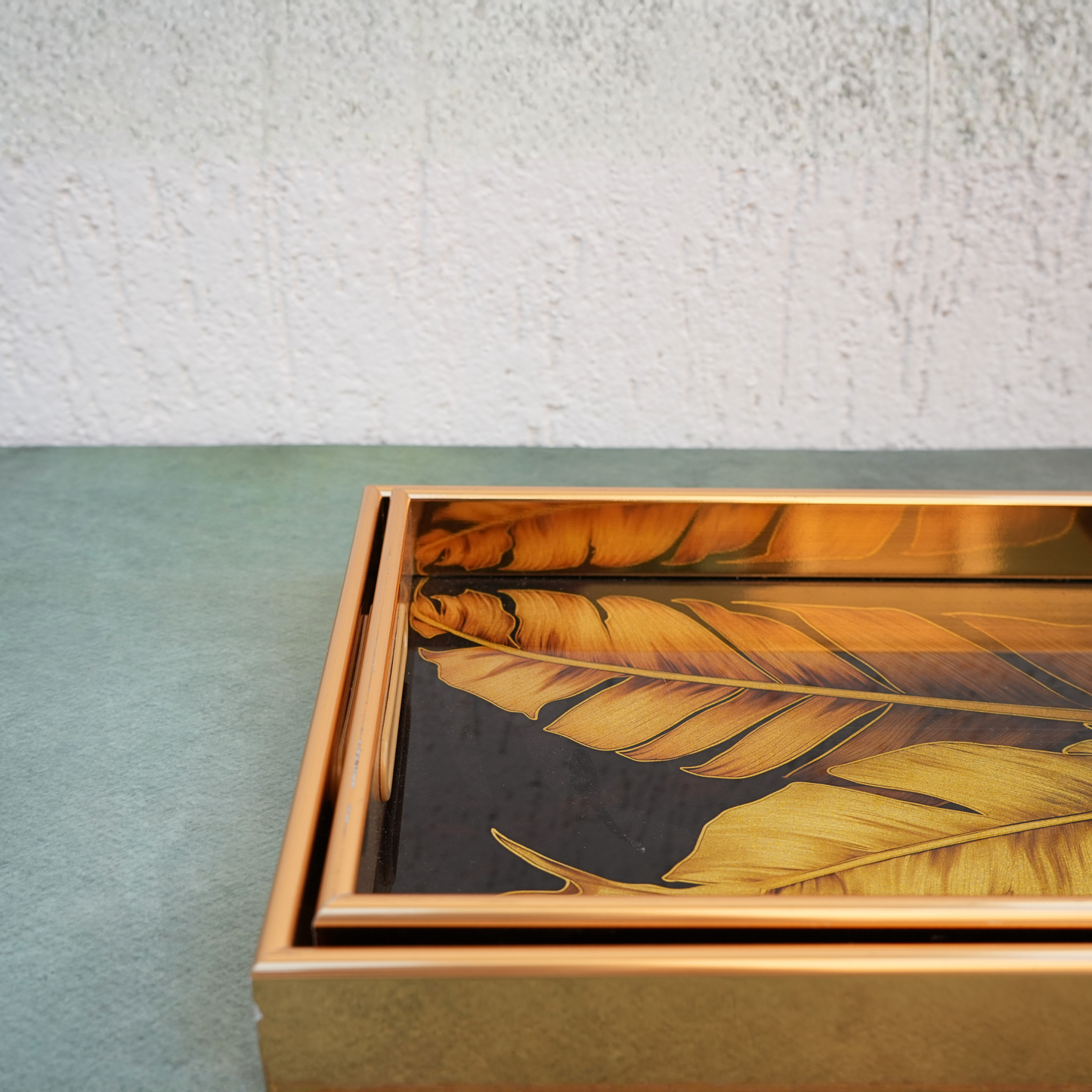 Golden Fleur Enamel-Coated Wooden Serving Tray- Set of 2