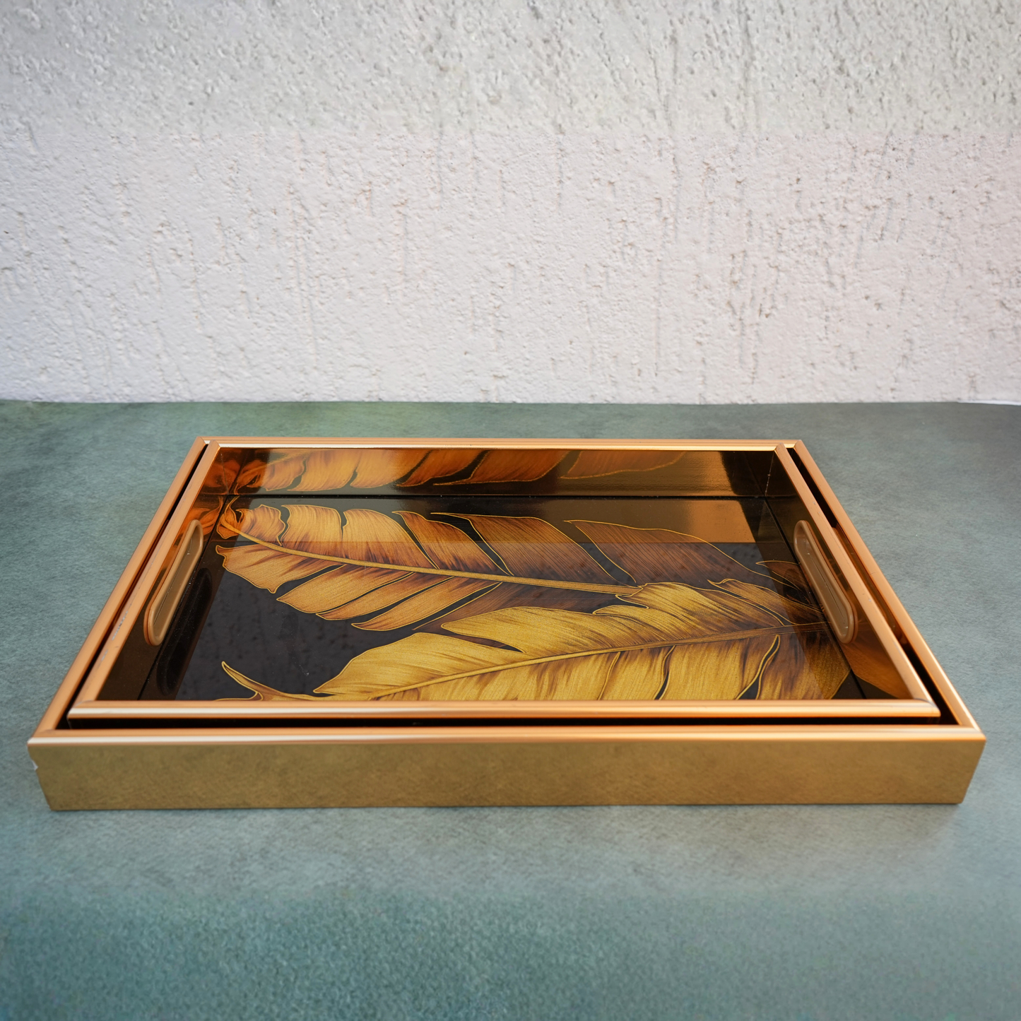 Golden Fleur Enamel-Coated Wooden Serving Tray- Set of 2