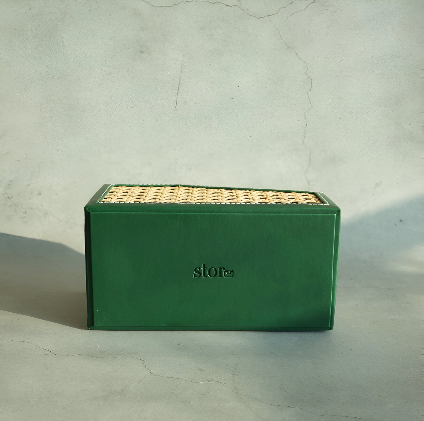 Emerald Green PU Leather & Rattan Remote Control Organiser