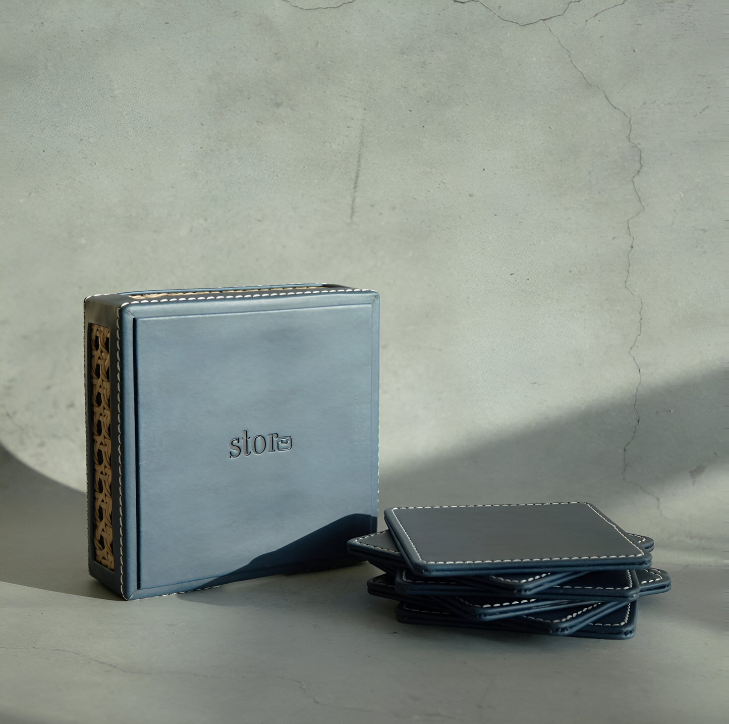 Steel Blue PU Leather & Rattan Coasters - Set of 6