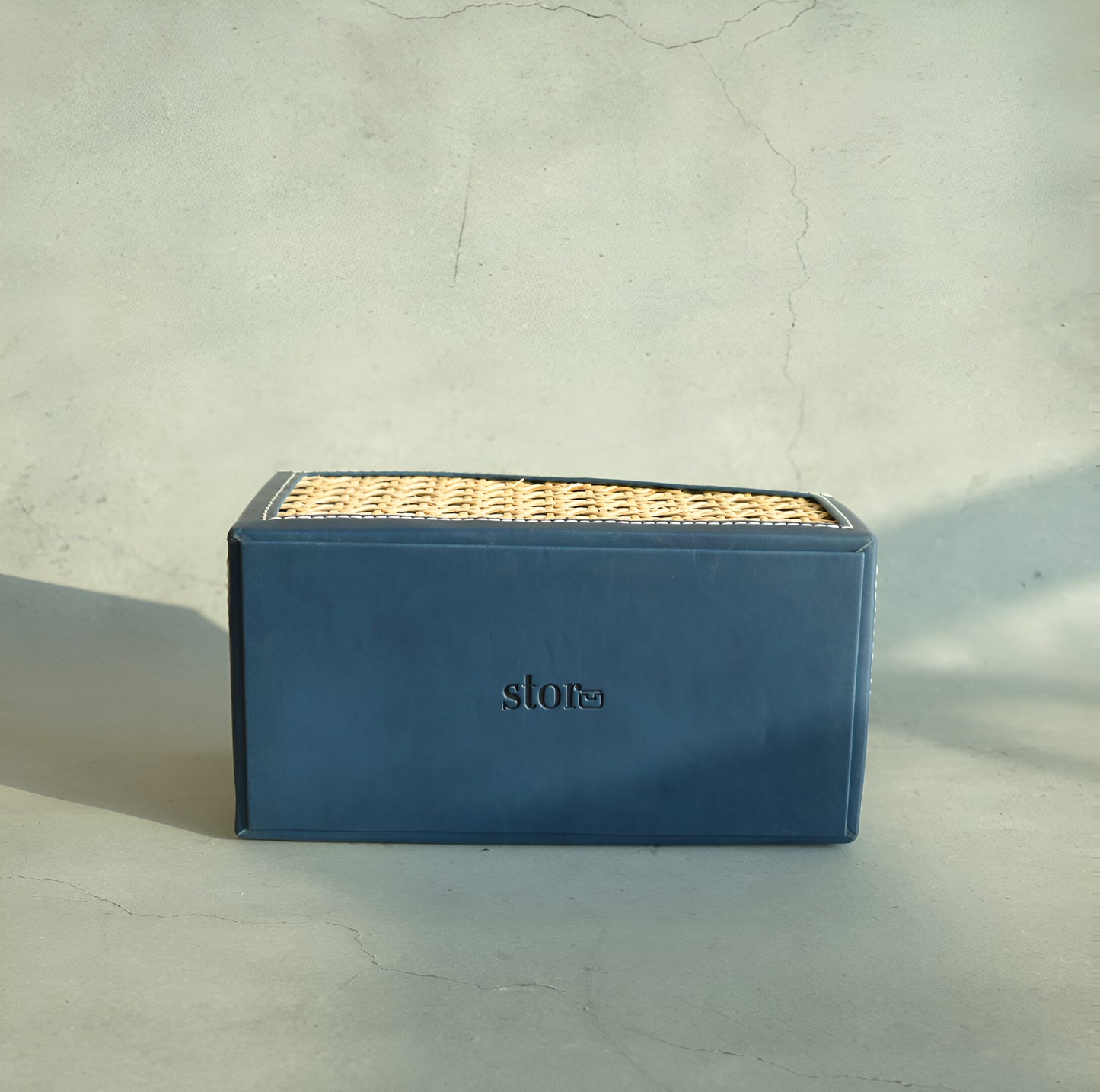 Steel Blue PU Leather & Rattan Remote Control Organiser