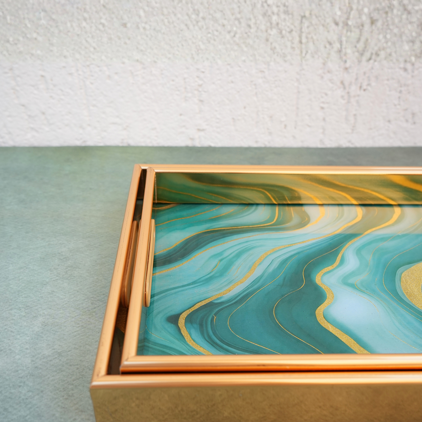 Oceanic Enamel-Coated Wooden Serving Tray- Set of 2