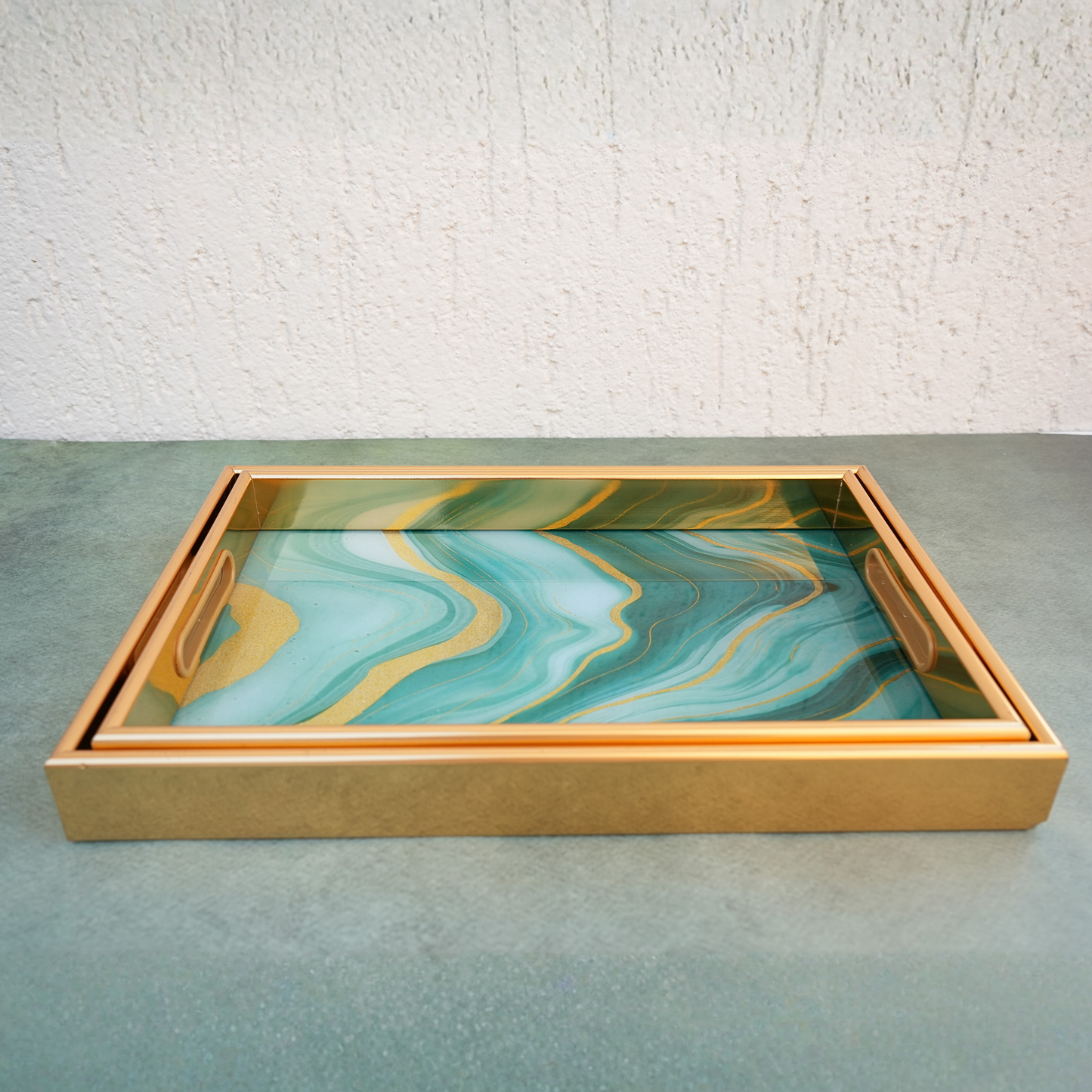 Oceanic Enamel-Coated Wooden Serving Tray- Set of 2