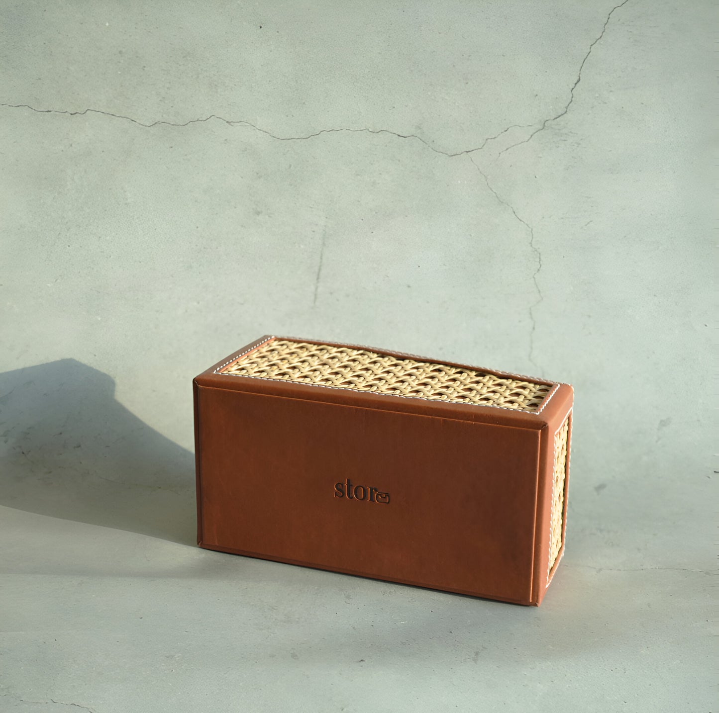Tan Brown PU Leather & Rattan Remote Control Organiser