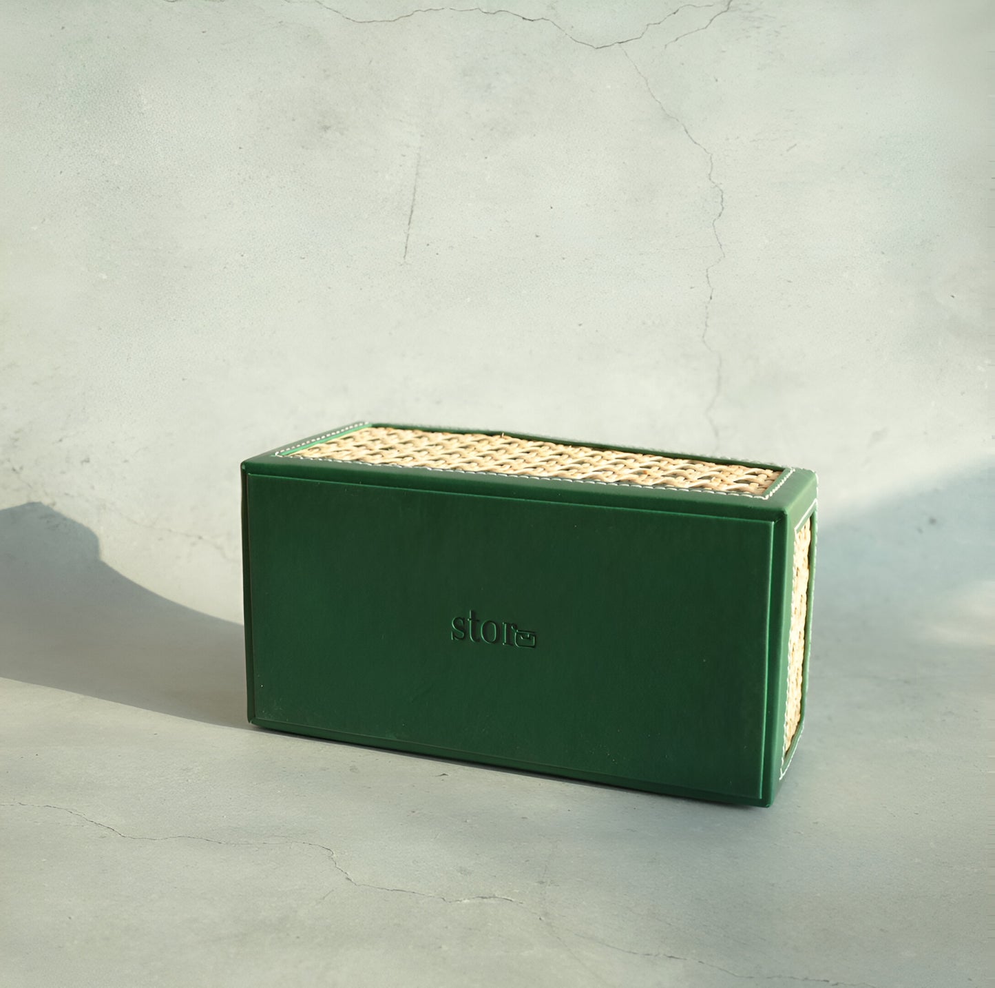 Emerald Green PU Leather & Rattan Remote Control Organiser