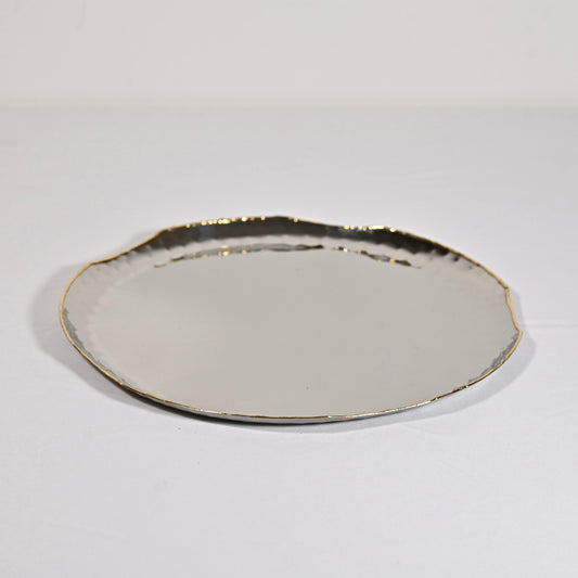 Hammered Steel Round Dessert Plate with Gold Detailing