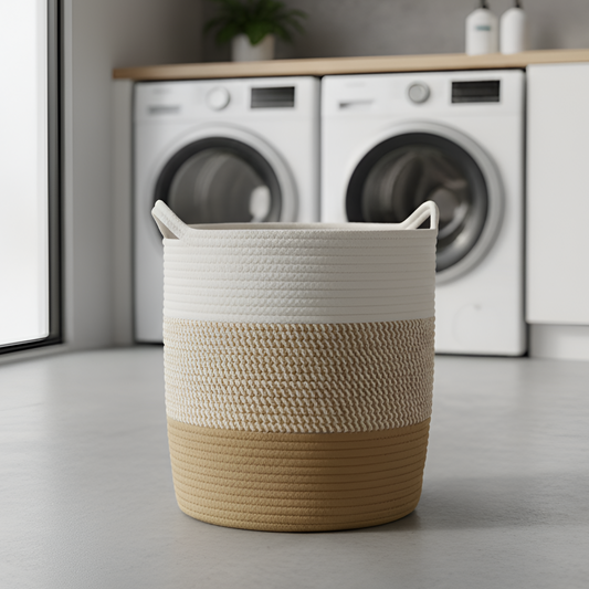 Beige & White Jute Laundry Bag