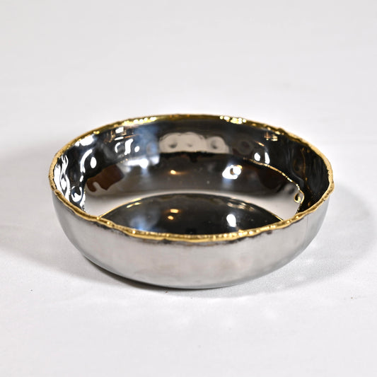 Hammered Steel Wide Salad Bowl with Gold Detailing